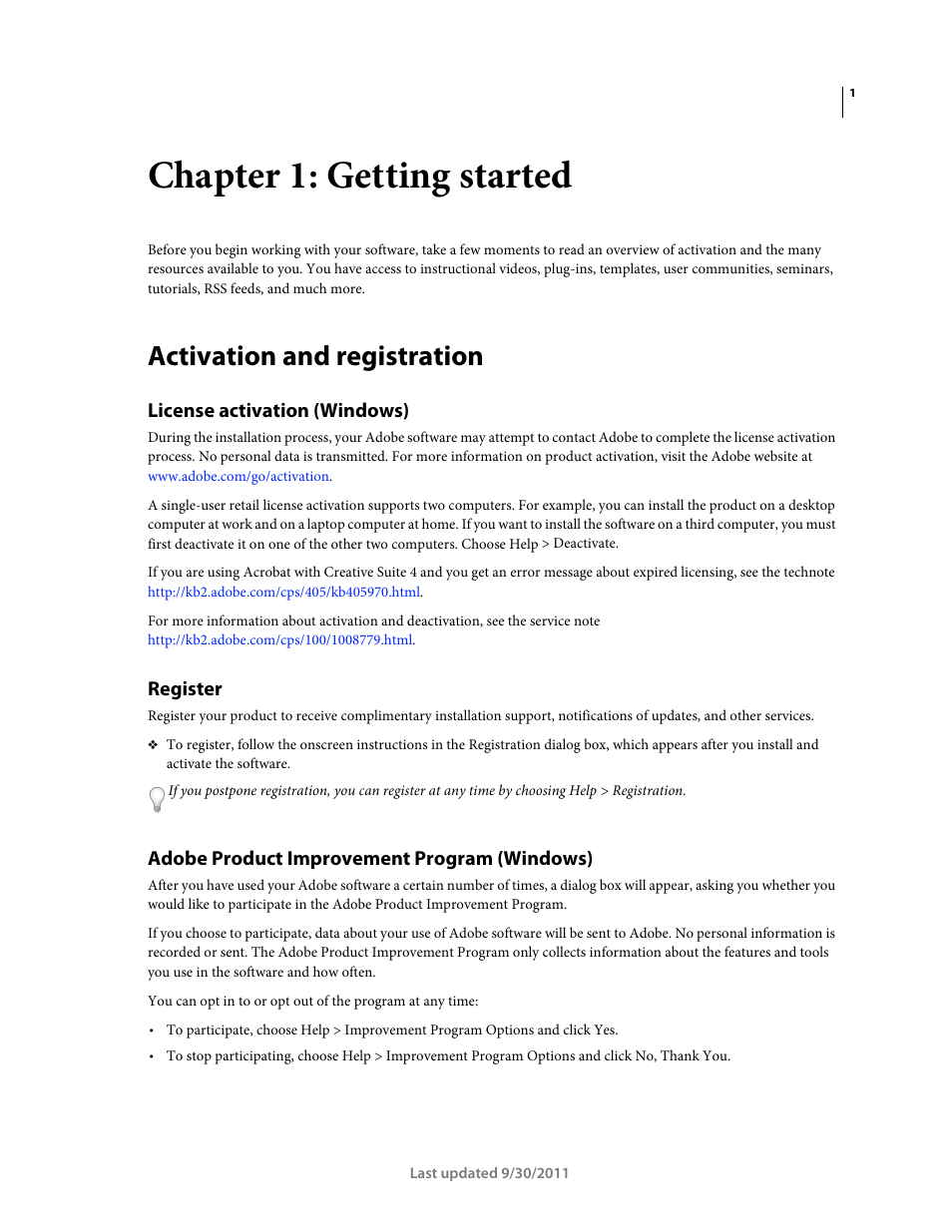 Chapter 1: getting started, Activation and registration, License activation (windows) | Register, Adobe product improvement program (windows) | Adobe Acrobat 9 PRO Extended User Manual | Page 7 / 546