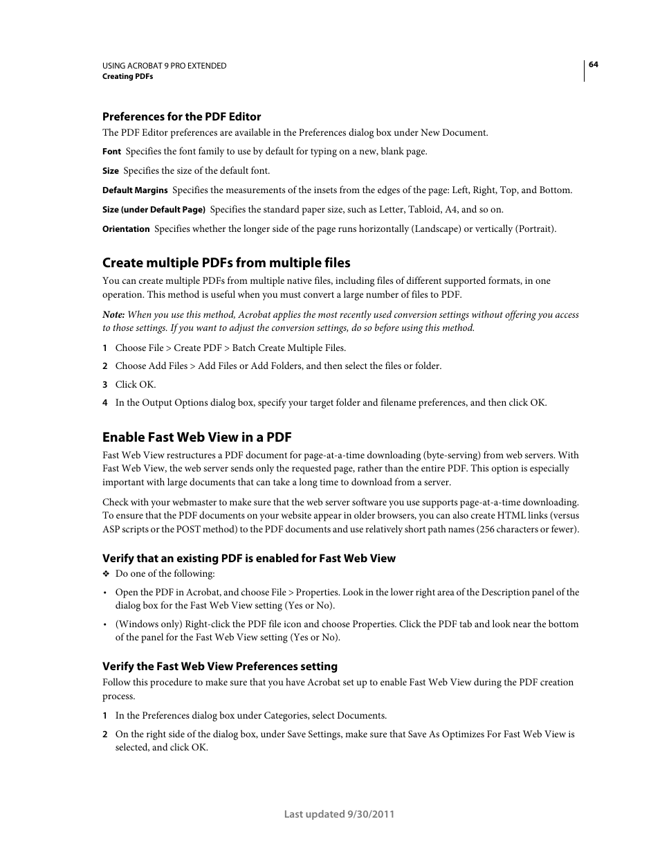 Preferences for the pdf editor, Create multiple pdfs from multiple files, Enable fast web view in a pdf | Verify the fast web view preferences setting | Adobe Acrobat 9 PRO Extended User Manual | Page 70 / 546