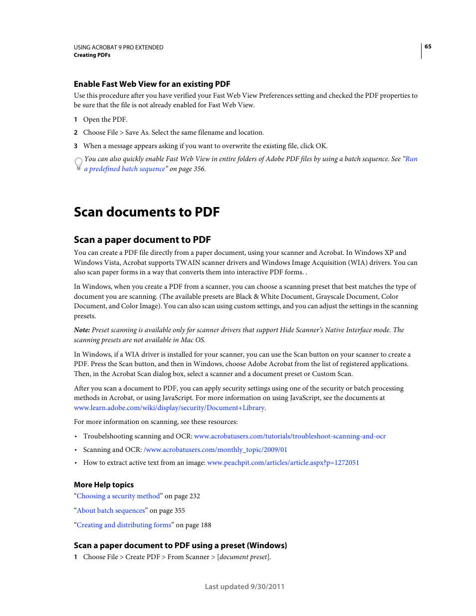 Enable fast web view for an existing pdf, Scan documents to pdf, Scan a paper document to pdf | Scan a paper document to | Adobe Acrobat 9 PRO Extended User Manual | Page 71 / 546