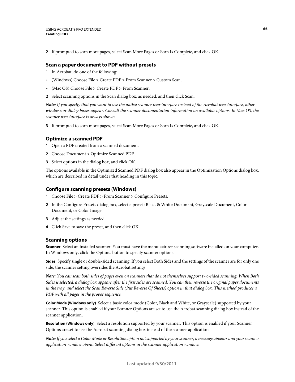 Scan a paper document to pdf without presets, Optimize a scanned pdf, Configure scanning presets (windows) | Scanning options | Adobe Acrobat 9 PRO Extended User Manual | Page 72 / 546