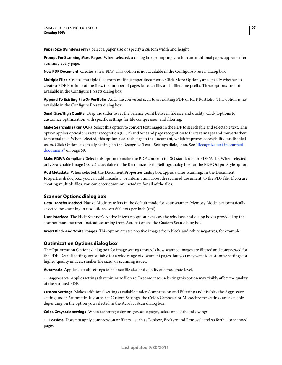 Scanner options dialog box, Optimization options dialog box | Adobe Acrobat 9 PRO Extended User Manual | Page 73 / 546