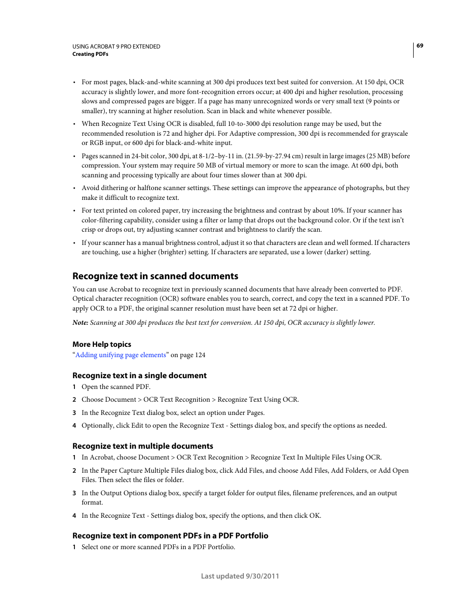 Recognize text in scanned documents, Recognize text in a single document, Recognize text in multiple documents | Recognize text in scanned, Documents | Adobe Acrobat 9 PRO Extended User Manual | Page 75 / 546