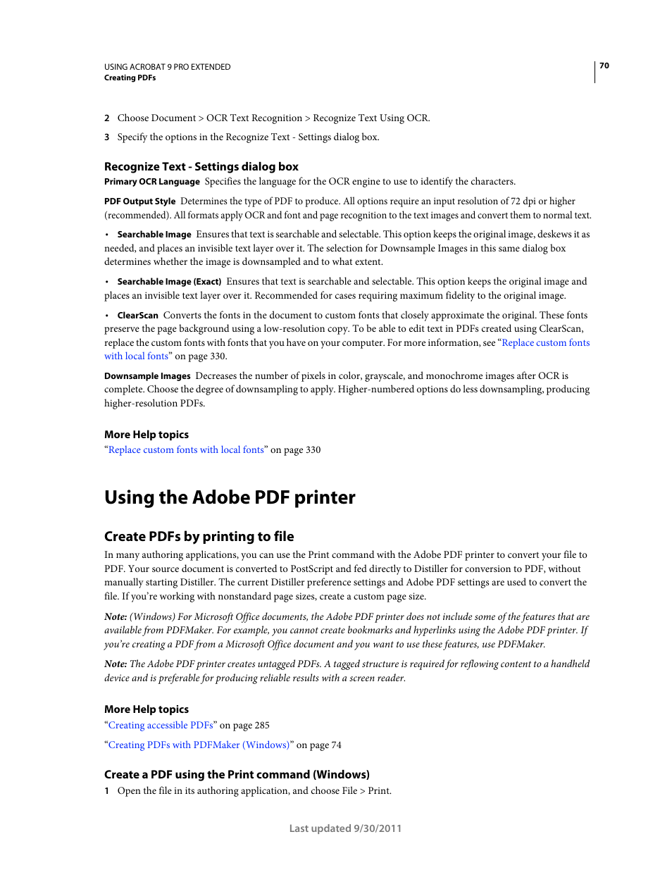 Recognize text - settings dialog box, Using the adobe pdf printer, Create pdfs by printing to file | Create a pdf using the print command (windows) | Adobe Acrobat 9 PRO Extended User Manual | Page 76 / 546