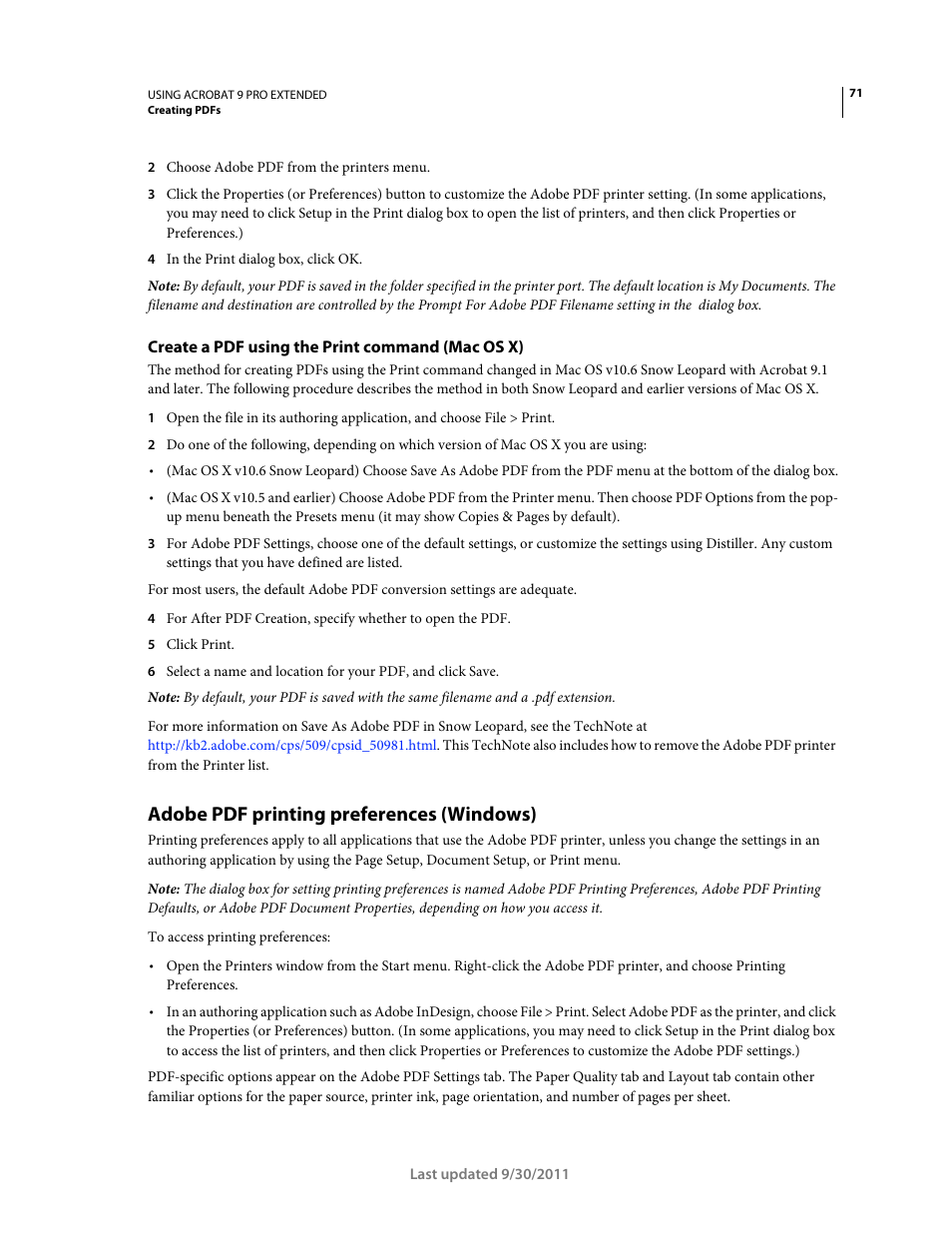 Create a pdf using the print command (mac os x), Adobe pdf printing preferences (windows) | Adobe Acrobat 9 PRO Extended User Manual | Page 77 / 546
