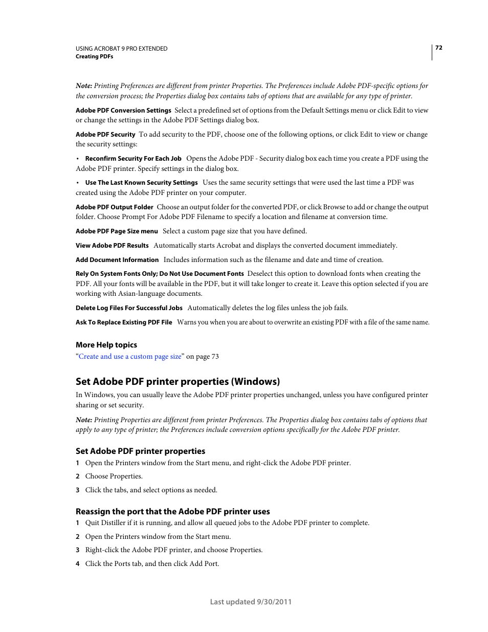 Set adobe pdf printer properties (windows), Set adobe pdf printer properties, Reassign the port that the adobe pdf printer uses | Adobe Acrobat 9 PRO Extended User Manual | Page 78 / 546