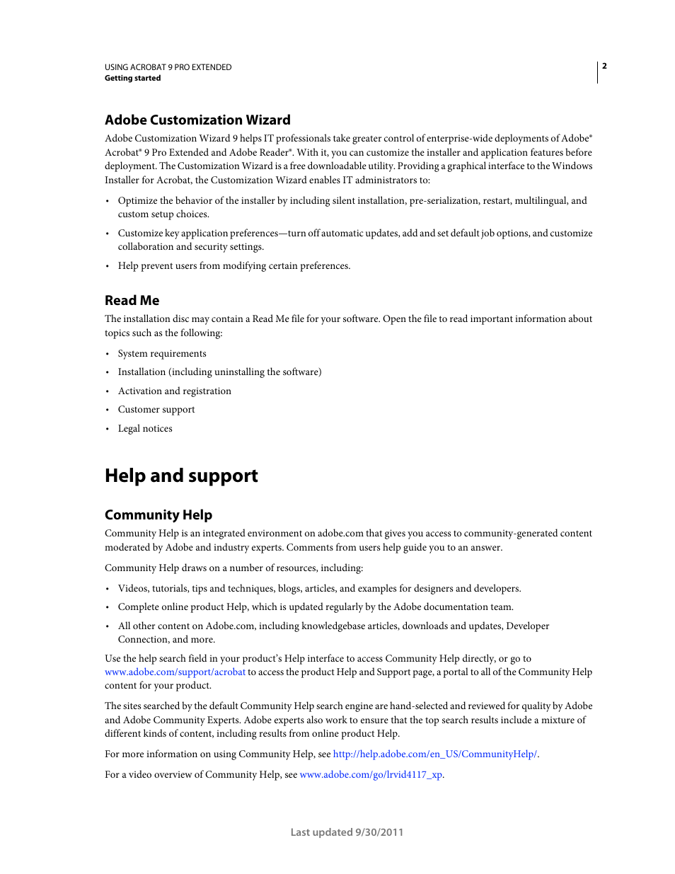 Adobe customization wizard, Read me, Help and support | Community help | Adobe Acrobat 9 PRO Extended User Manual | Page 8 / 546