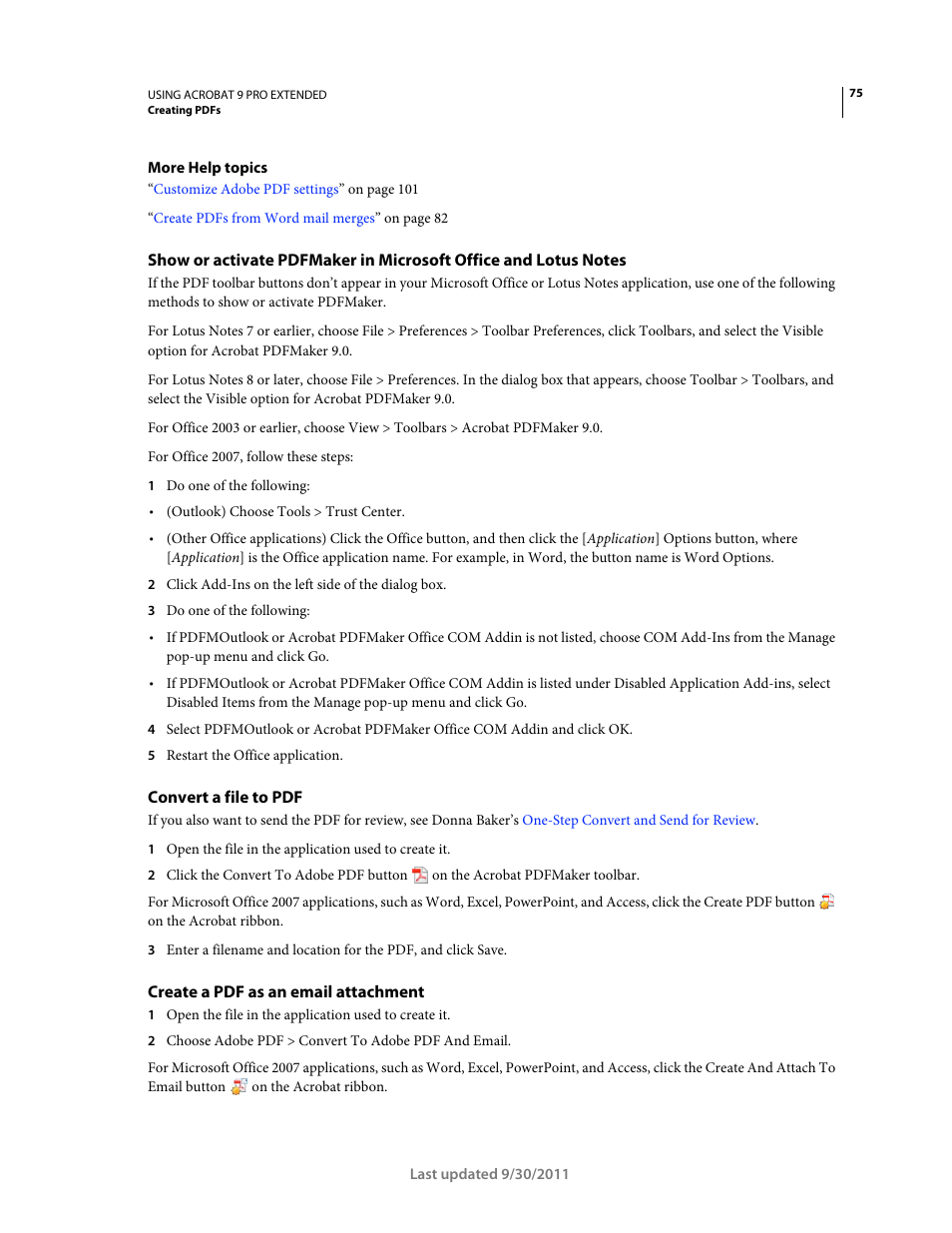 Convert a file to pdf, Create a pdf as an email attachment | Adobe Acrobat 9 PRO Extended User Manual | Page 81 / 546