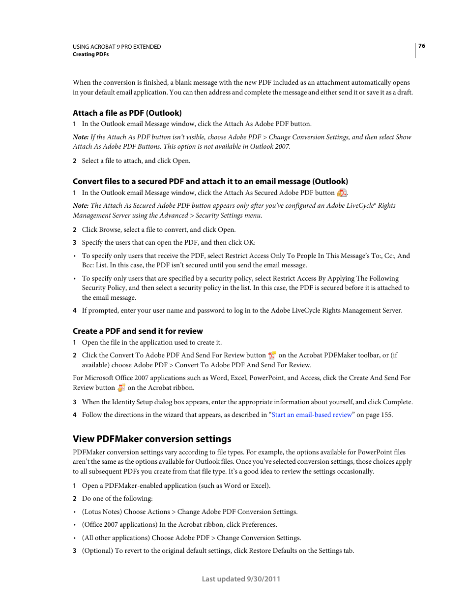 Attach a file as pdf (outlook), Create a pdf and send it for review, View pdfmaker conversion settings | Adobe Acrobat 9 PRO Extended User Manual | Page 82 / 546