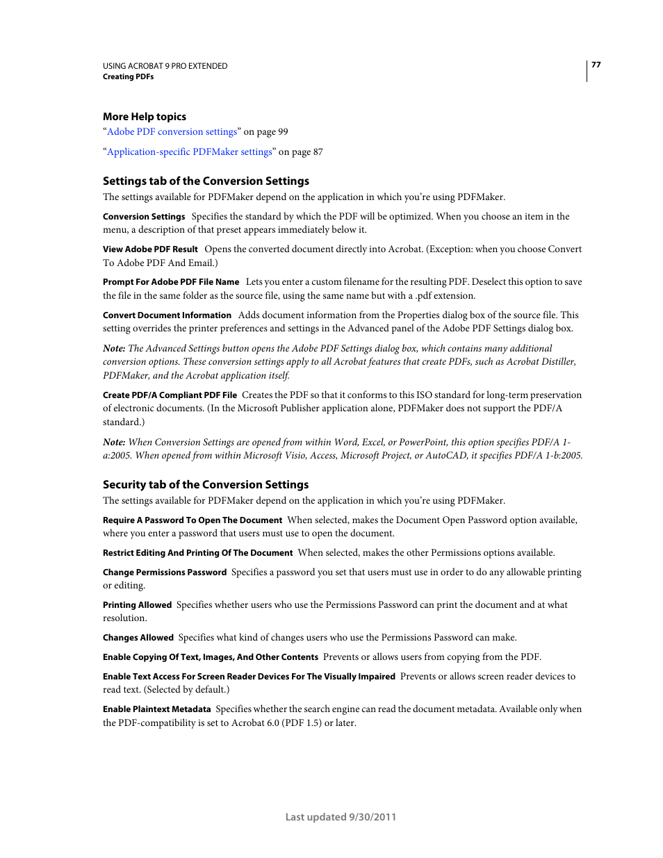 Settings tab of the conversion settings, Security tab of the conversion settings | Adobe Acrobat 9 PRO Extended User Manual | Page 83 / 546