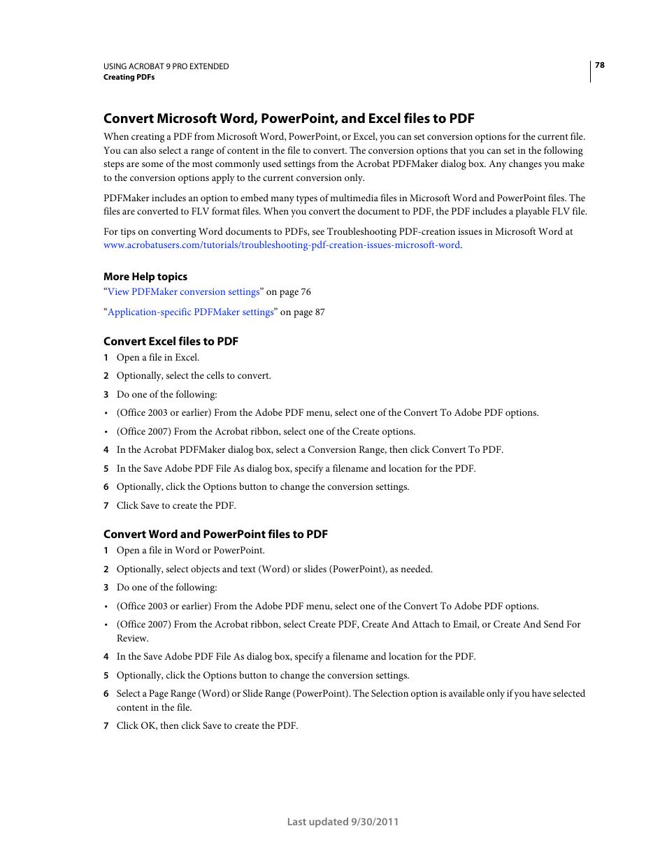 Convert excel files to pdf, Convert word and powerpoint files to pdf | Adobe Acrobat 9 PRO Extended User Manual | Page 84 / 546