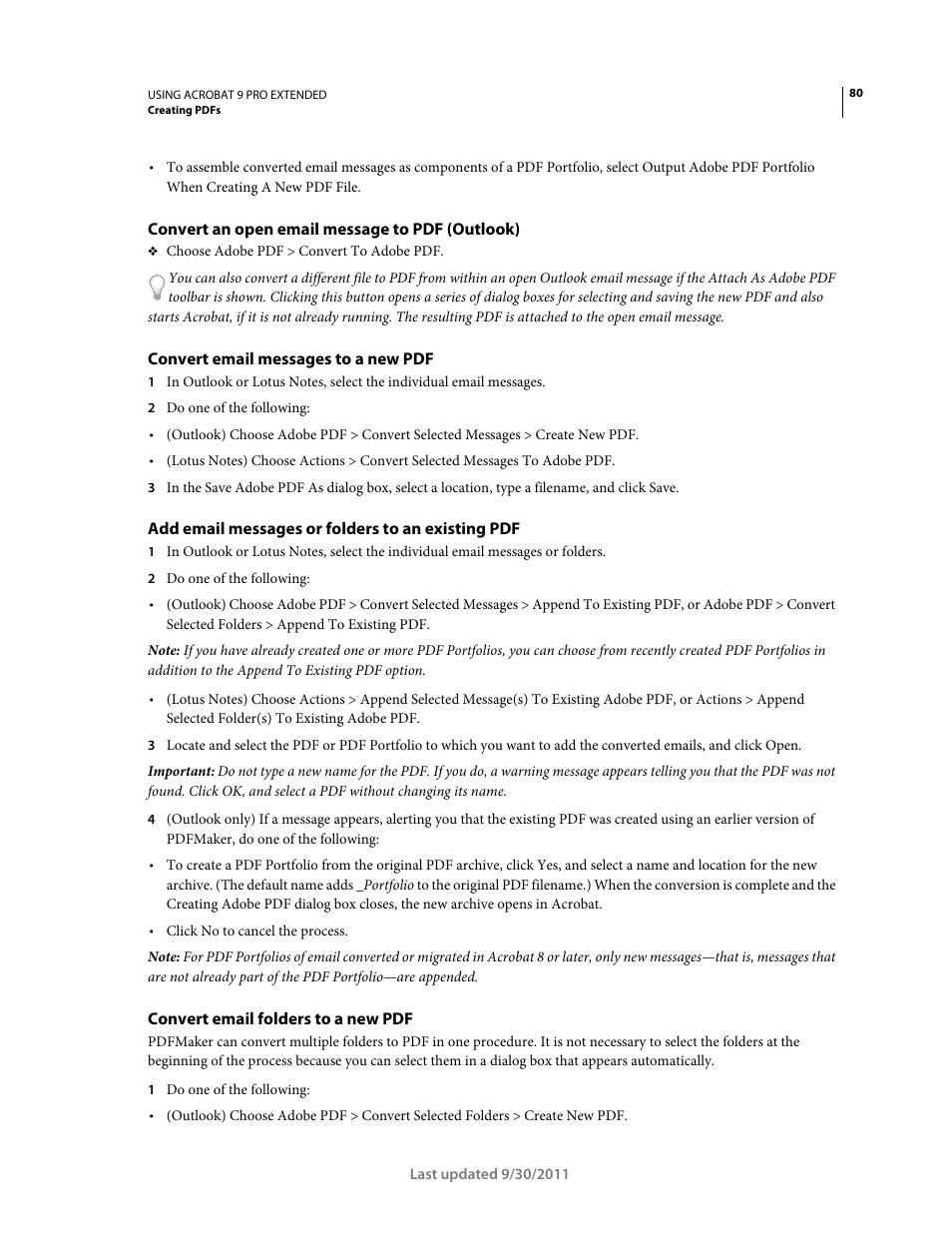 Convert an open email message to pdf (outlook), Convert email messages to a new pdf, Add email messages or folders to an existing pdf | Convert email folders to a new pdf | Adobe Acrobat 9 PRO Extended User Manual | Page 86 / 546