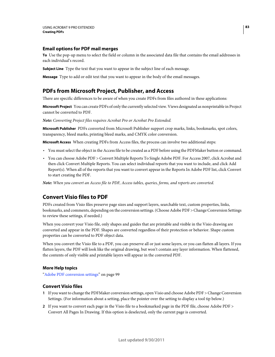 Email options for pdf mail merges, Pdfs from microsoft project, publisher, and access, Convert visio files to pdf | Convert visio files | Adobe Acrobat 9 PRO Extended User Manual | Page 89 / 546