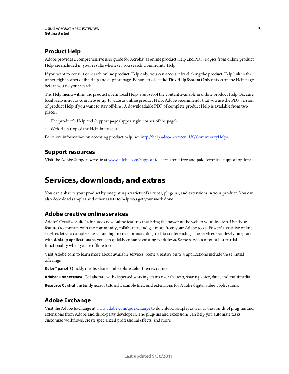 Product help, Support resources, Services, downloads, and extras | Adobe creative online services, Adobe exchange | Adobe Acrobat 9 PRO Extended User Manual | Page 9 / 546