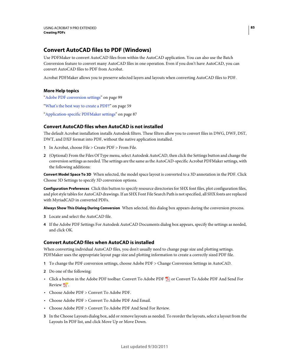 Convert autocad files to pdf (windows), Convert autocad files when autocad is installed | Adobe Acrobat 9 PRO Extended User Manual | Page 91 / 546