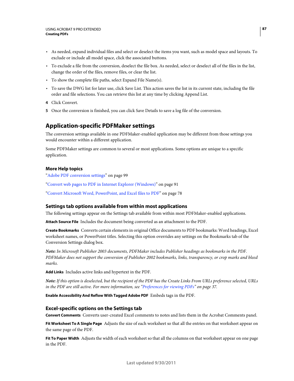 Application-specific pdfmaker settings, Excel-specific options on the settings tab | Adobe Acrobat 9 PRO Extended User Manual | Page 93 / 546