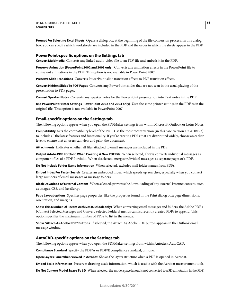 Powerpoint-specific options on the settings tab, Email-specific options on the settings tab, Autocad-specific options on the settings tab | Adobe Acrobat 9 PRO Extended User Manual | Page 94 / 546