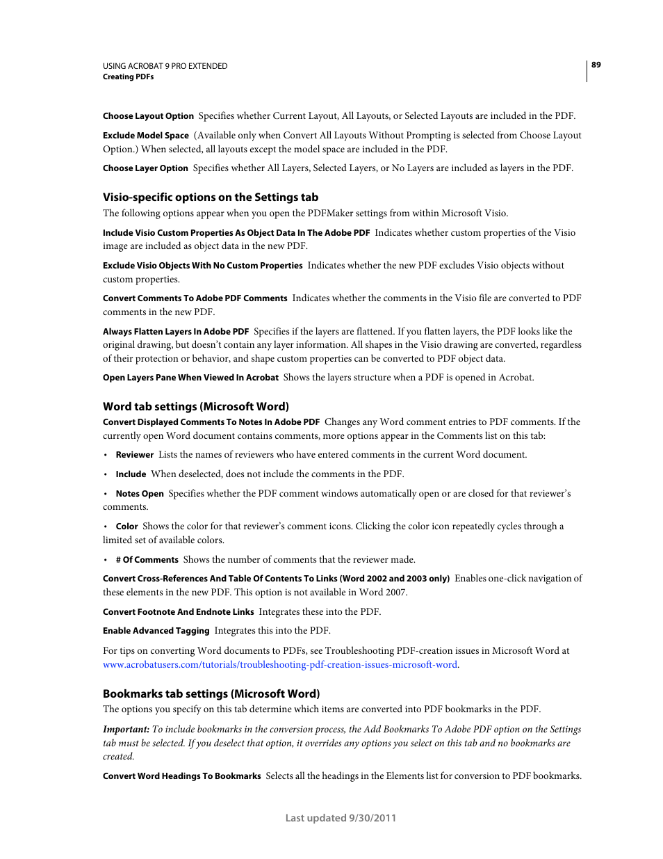 Visio-specific options on the settings tab, Word tab settings (microsoft word), Bookmarks tab settings (microsoft word) | Adobe Acrobat 9 PRO Extended User Manual | Page 95 / 546