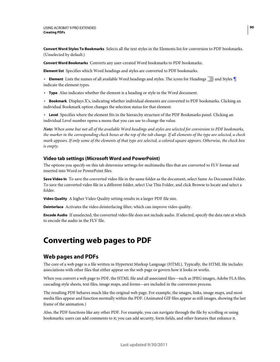 Video tab settings (microsoft word and powerpoint), Up, and share. see, Converting web pages to pdf | Web pages and pdfs | Adobe Acrobat 9 PRO Extended User Manual | Page 96 / 546