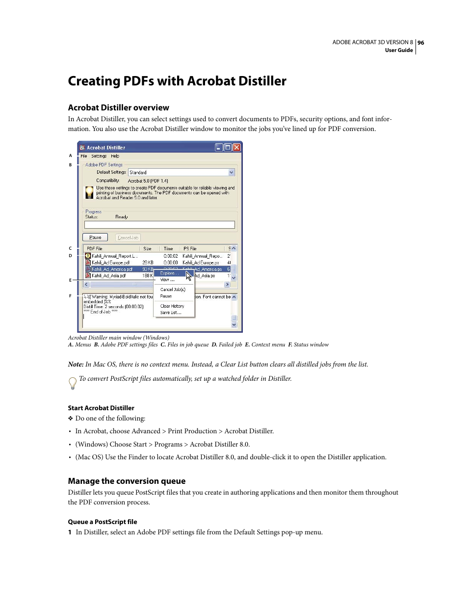 Creating pdfs with acrobat distiller, Acrobat distiller overview, Manage the conversion queue | Adobe Acrobat 8 3D User Manual | Page 103 / 600