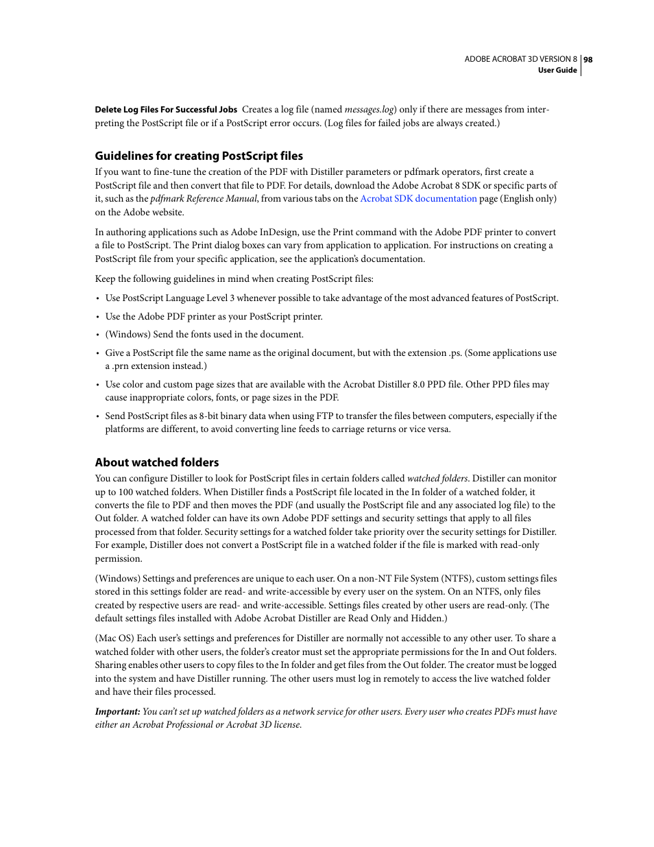 Guidelines for creating postscript files, About watched folders | Adobe Acrobat 8 3D User Manual | Page 105 / 600