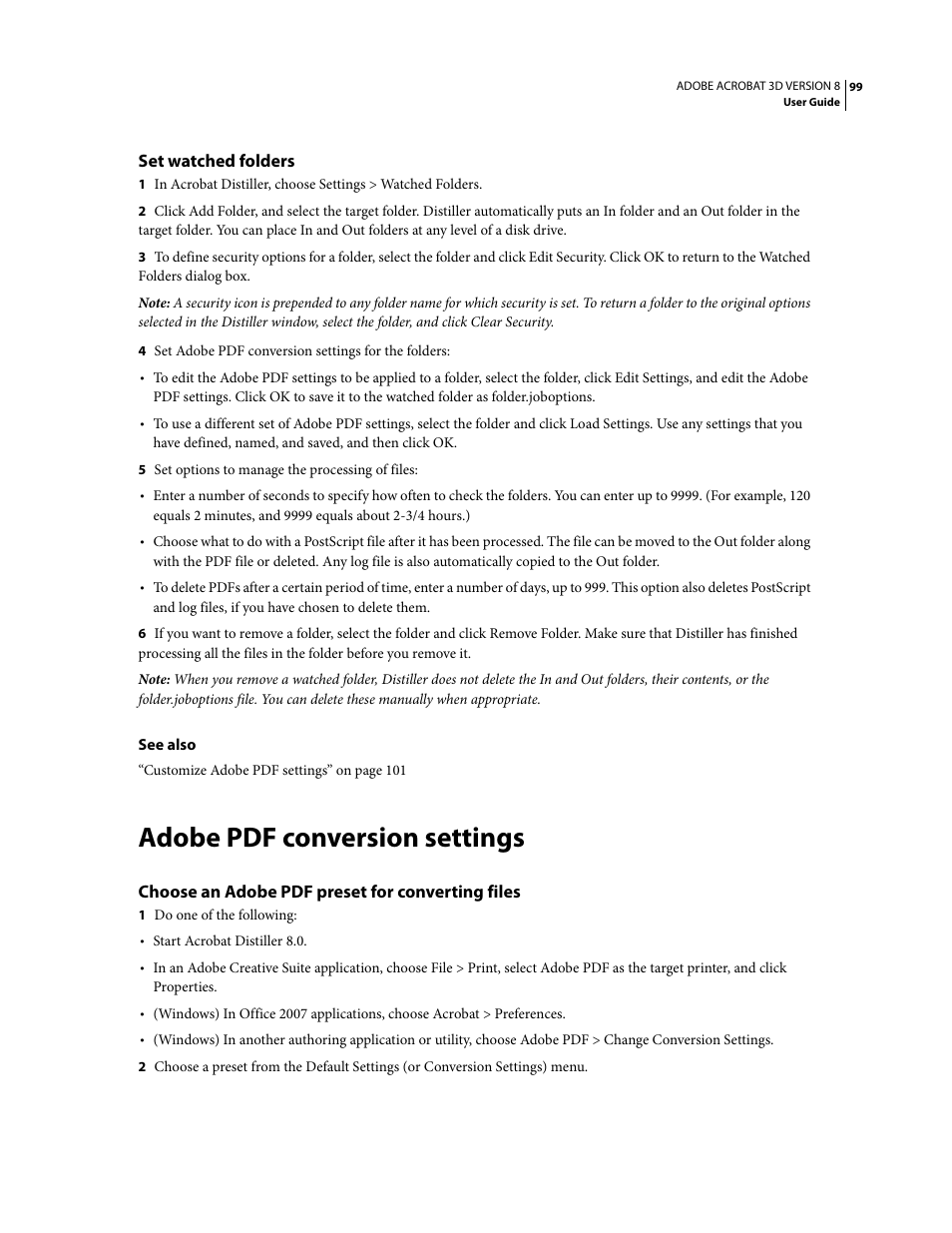 Set watched folders, Adobe pdf conversion settings, Choose an adobe pdf preset for converting files | Adobe Acrobat 8 3D User Manual | Page 106 / 600