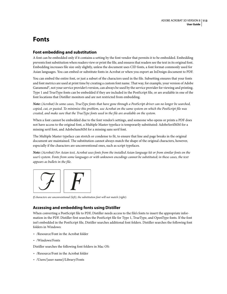 Fonts, Font embedding and substitution, Accessing and embedding fonts using distiller | Adobe Acrobat 8 3D User Manual | Page 120 / 600