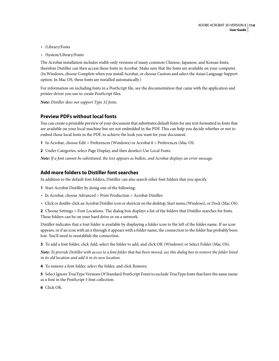 Preview pdfs without local fonts, Add more folders to distiller font searches | Adobe Acrobat 8 3D User Manual | Page 121 / 600