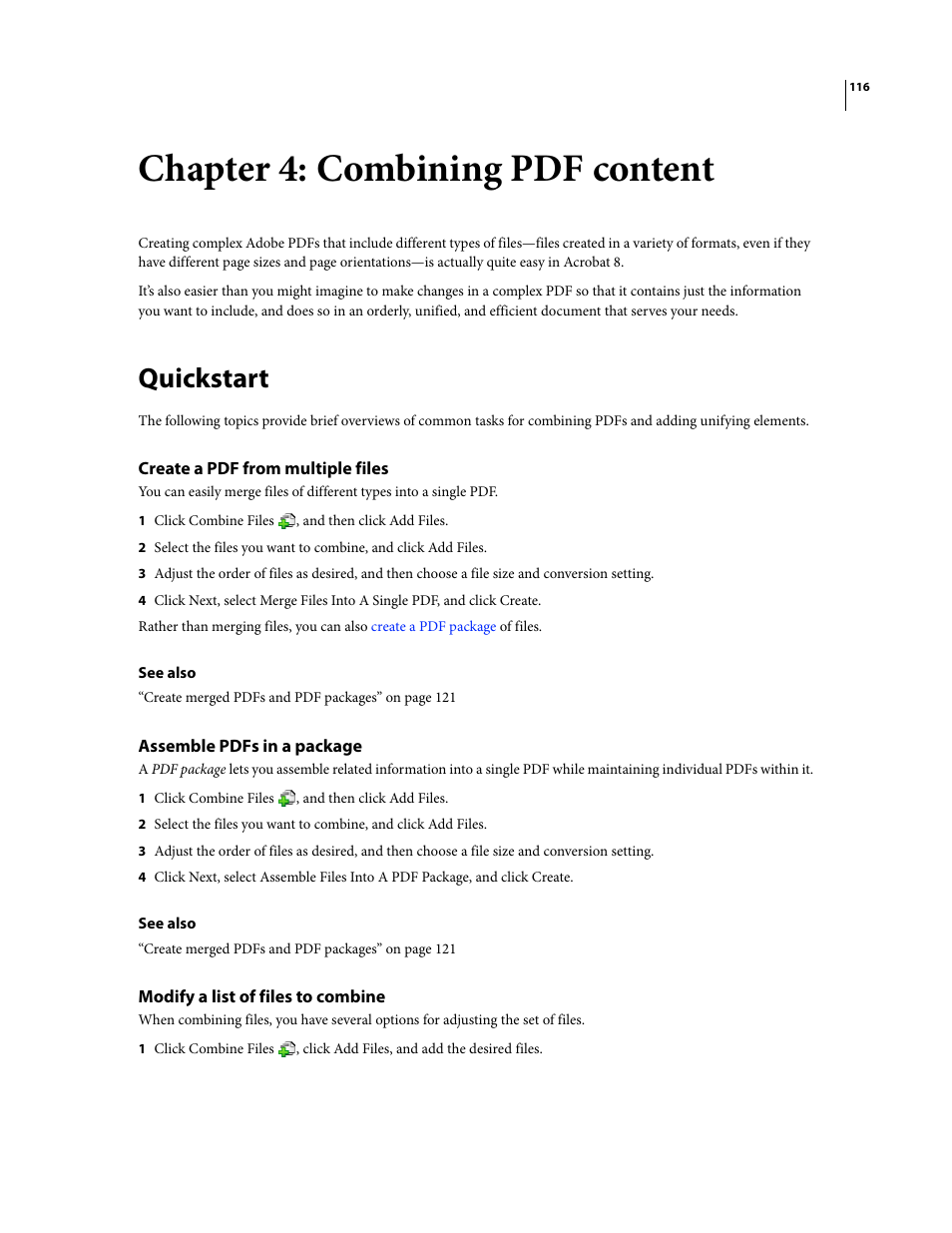 Chapter 4: combining pdf content, Quickstart, Create a pdf from multiple files | Assemble pdfs in a package, Modify a list of files to combine | Adobe Acrobat 8 3D User Manual | Page 123 / 600