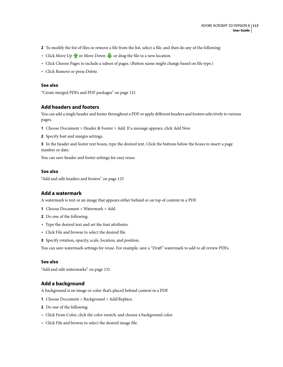 Add headers and footers, Add a watermark, Add a background | Adobe Acrobat 8 3D User Manual | Page 124 / 600