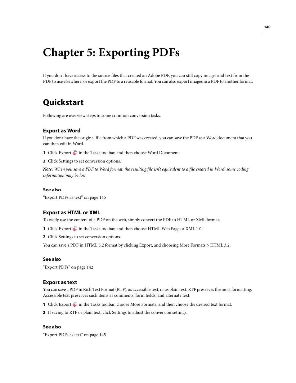 Chapter 5: exporting pdfs, Quickstart, Export as word | Export as html or xml, Export as text | Adobe Acrobat 8 3D User Manual | Page 147 / 600