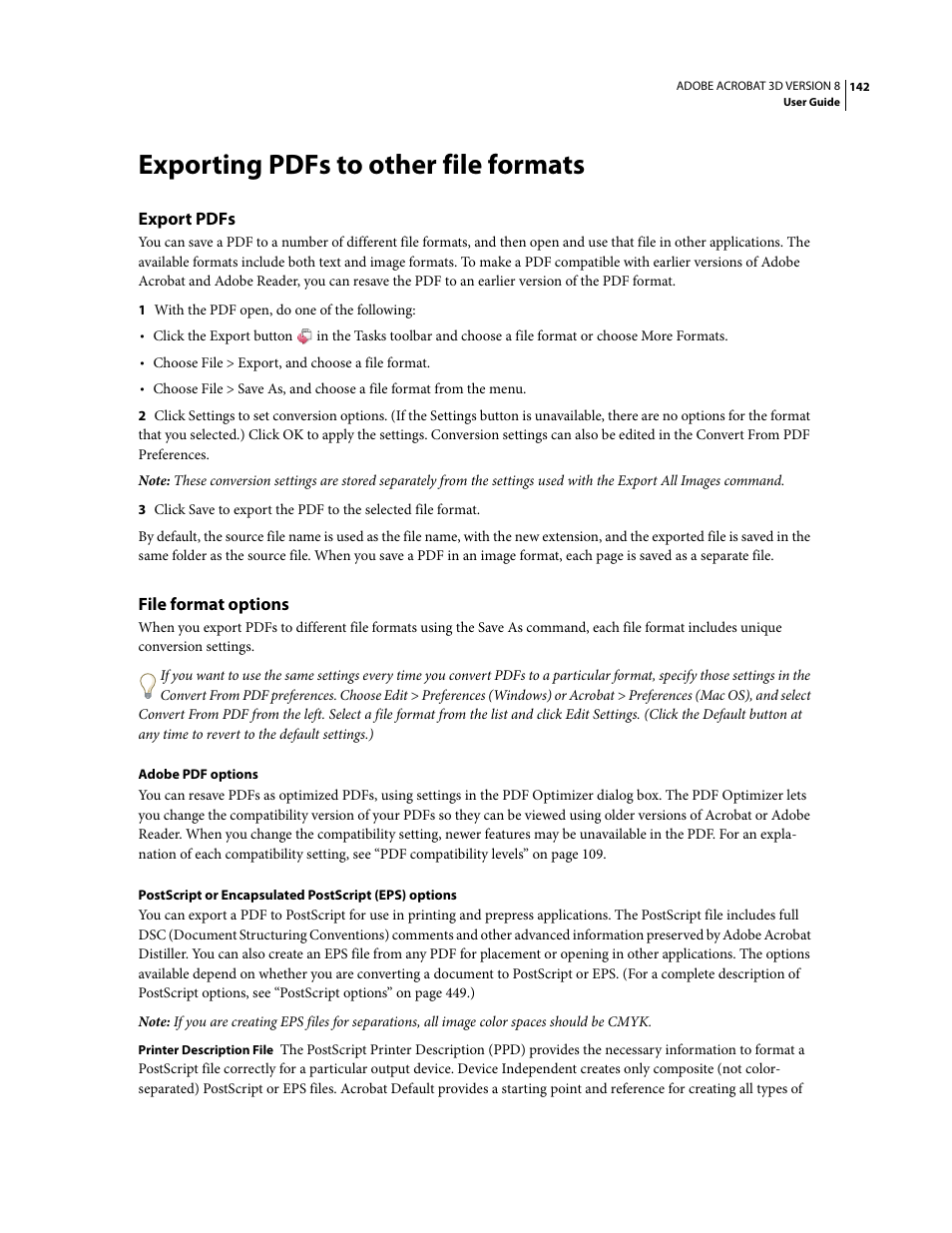 Exporting pdfs to other file formats, Export pdfs, File format options | Adobe Acrobat 8 3D User Manual | Page 149 / 600