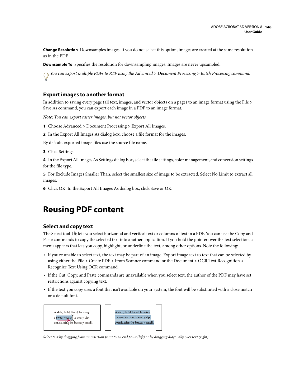 Export images to another format, Reusing pdf content, Select and copy text | Adobe Acrobat 8 3D User Manual | Page 153 / 600