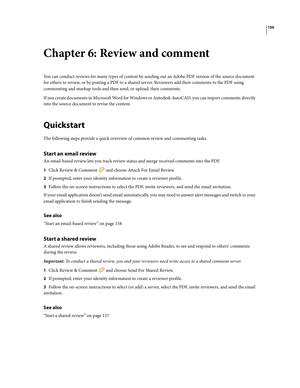 Chapter 6: review and comment, Quickstart, Start an email review | Start a shared review | Adobe Acrobat 8 3D User Manual | Page 157 / 600