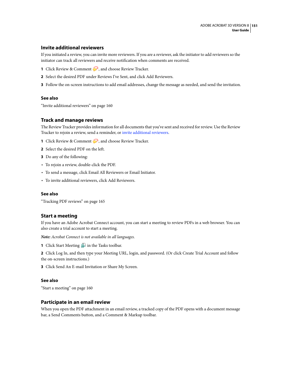 Invite additional reviewers, Track and manage reviews, Start a meeting | Participate in an email review | Adobe Acrobat 8 3D User Manual | Page 158 / 600