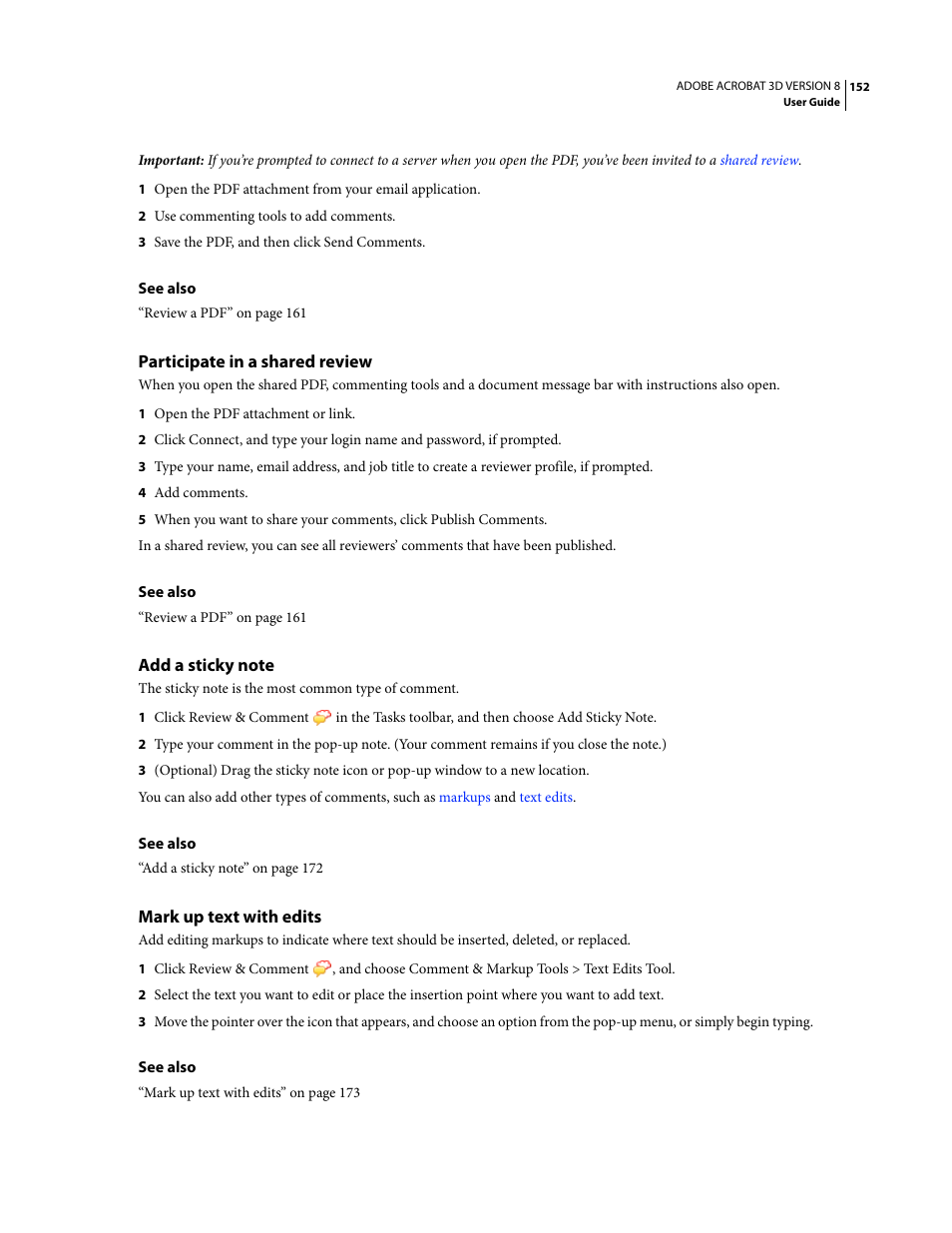 Participate in a shared review, Add a sticky note, Mark up text with edits | Adobe Acrobat 8 3D User Manual | Page 159 / 600