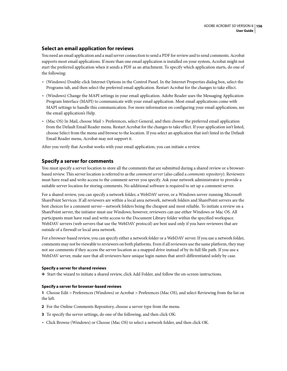 Select an email application for reviews, Specify a server for comments | Adobe Acrobat 8 3D User Manual | Page 163 / 600