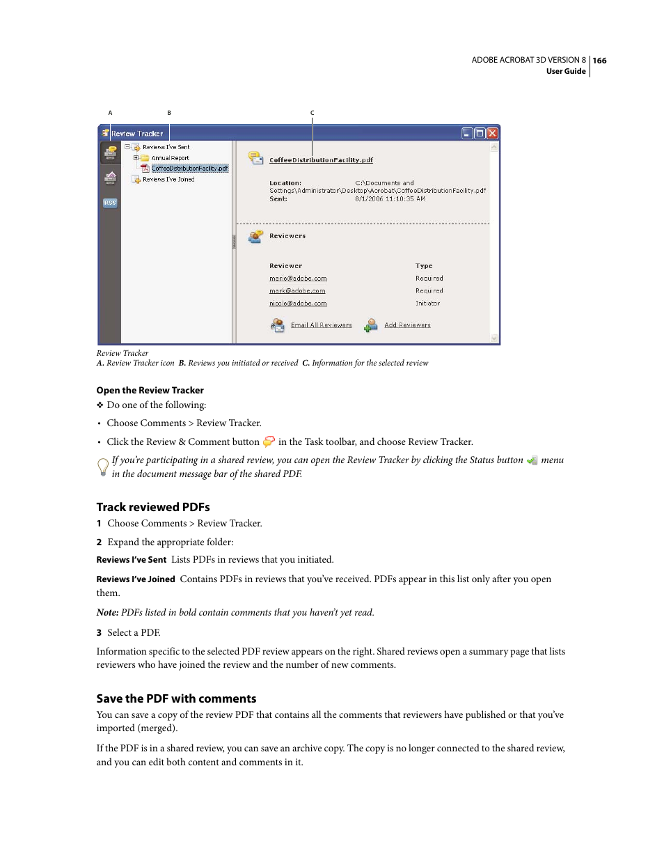 Track reviewed pdfs, Save the pdf with comments | Adobe Acrobat 8 3D User Manual | Page 173 / 600