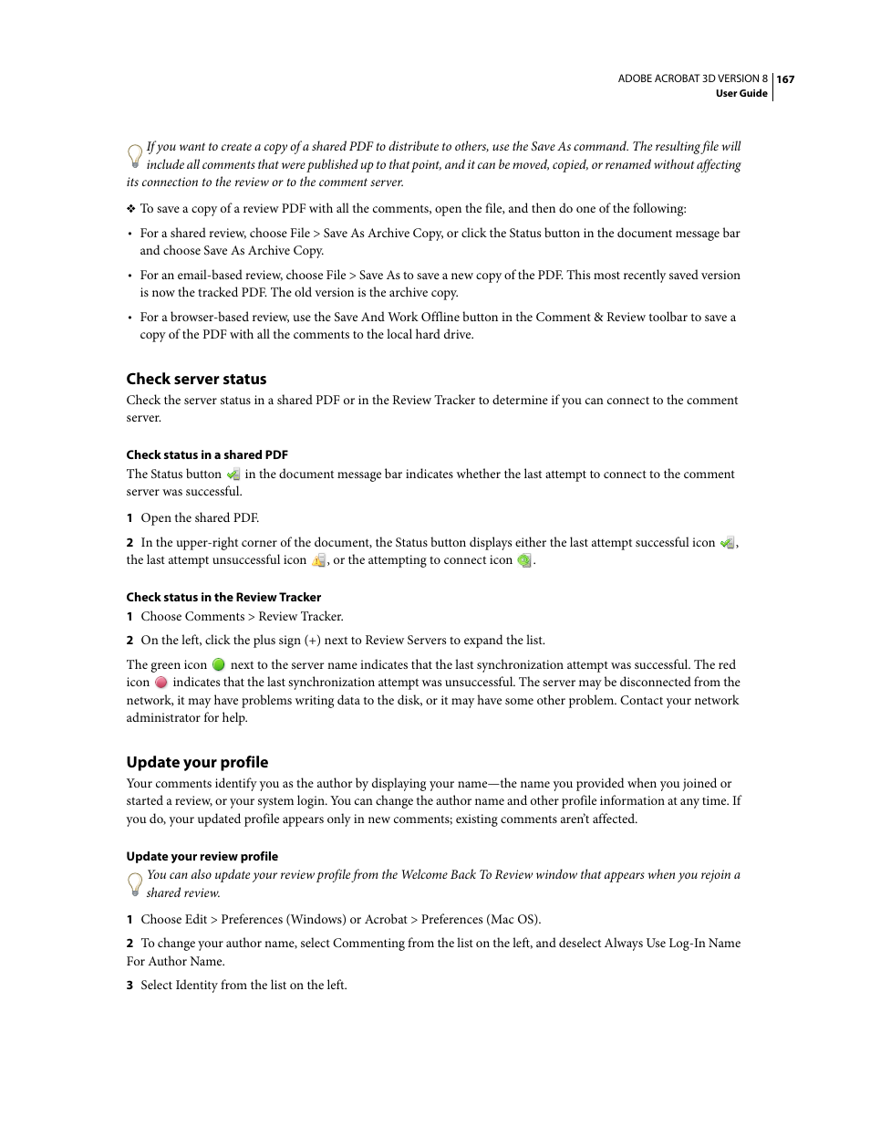Check server status, Update your profile | Adobe Acrobat 8 3D User Manual | Page 174 / 600