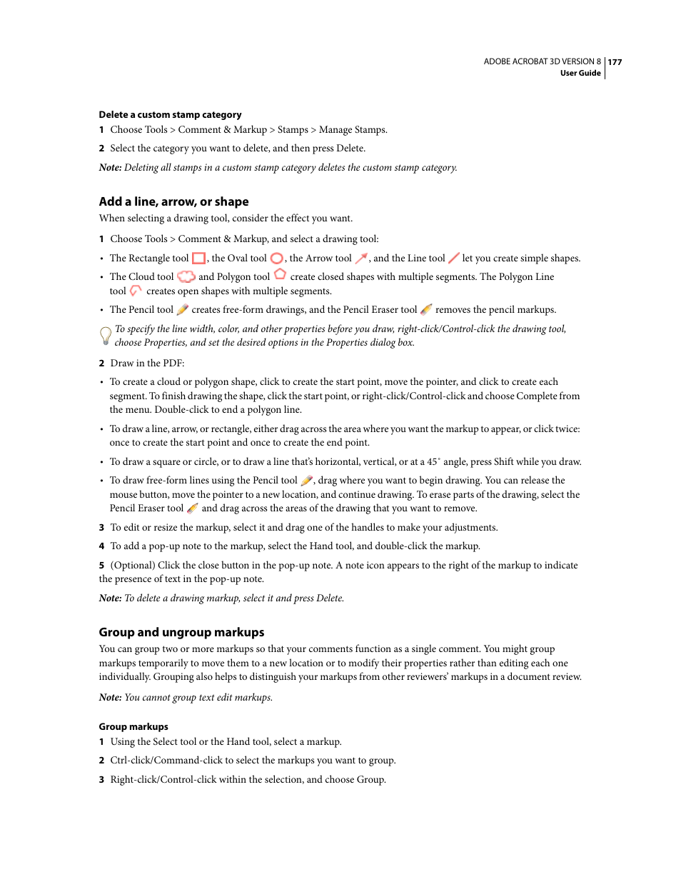 Add a line, arrow, or shape, Group and ungroup markups | Adobe Acrobat 8 3D User Manual | Page 184 / 600