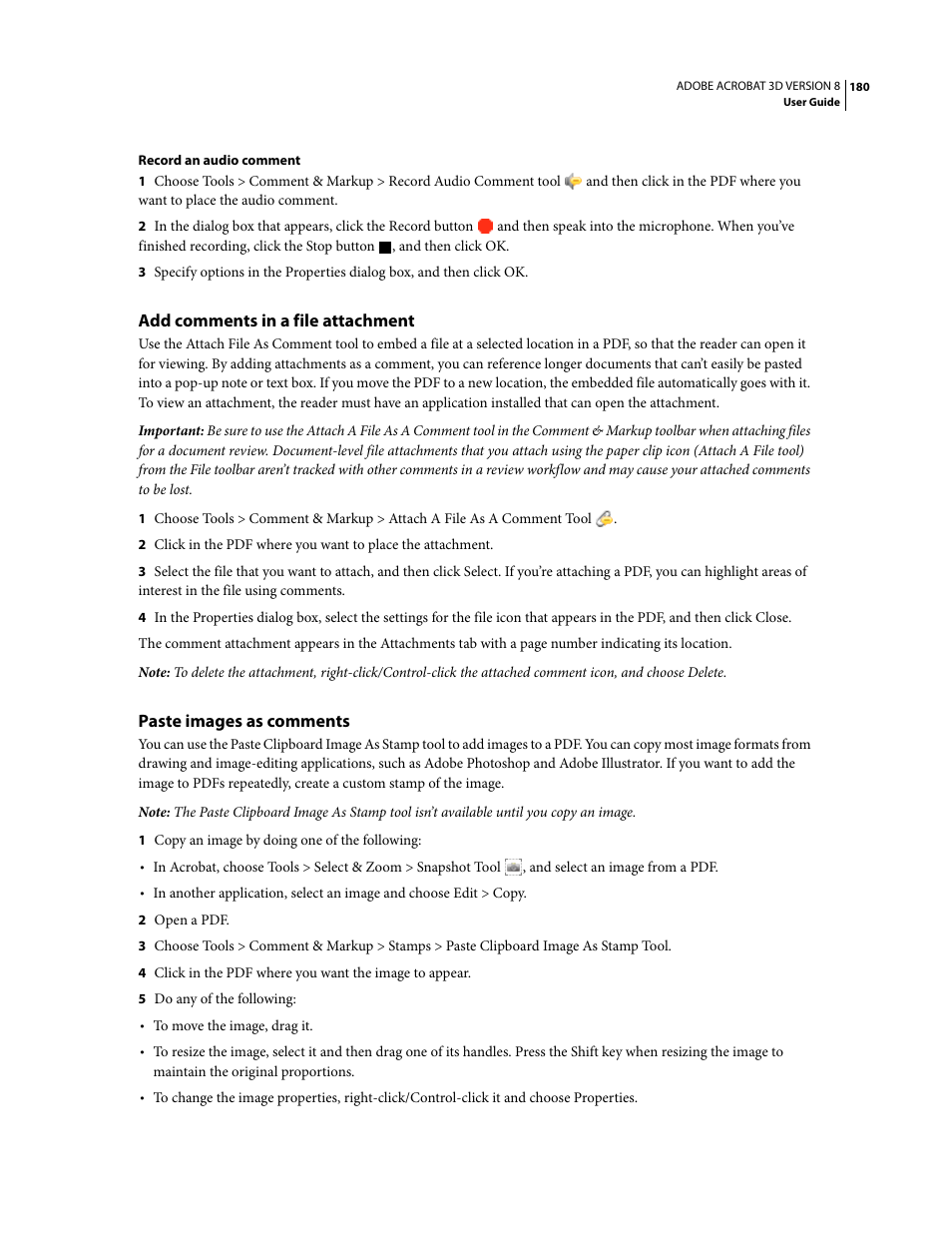 Add comments in a file attachment, Paste images as comments | Adobe Acrobat 8 3D User Manual | Page 187 / 600