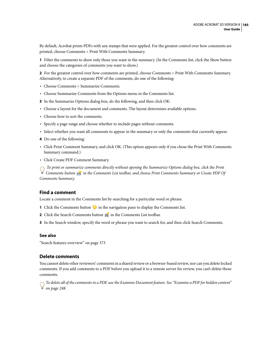 Find a comment, Delete comments | Adobe Acrobat 8 3D User Manual | Page 192 / 600