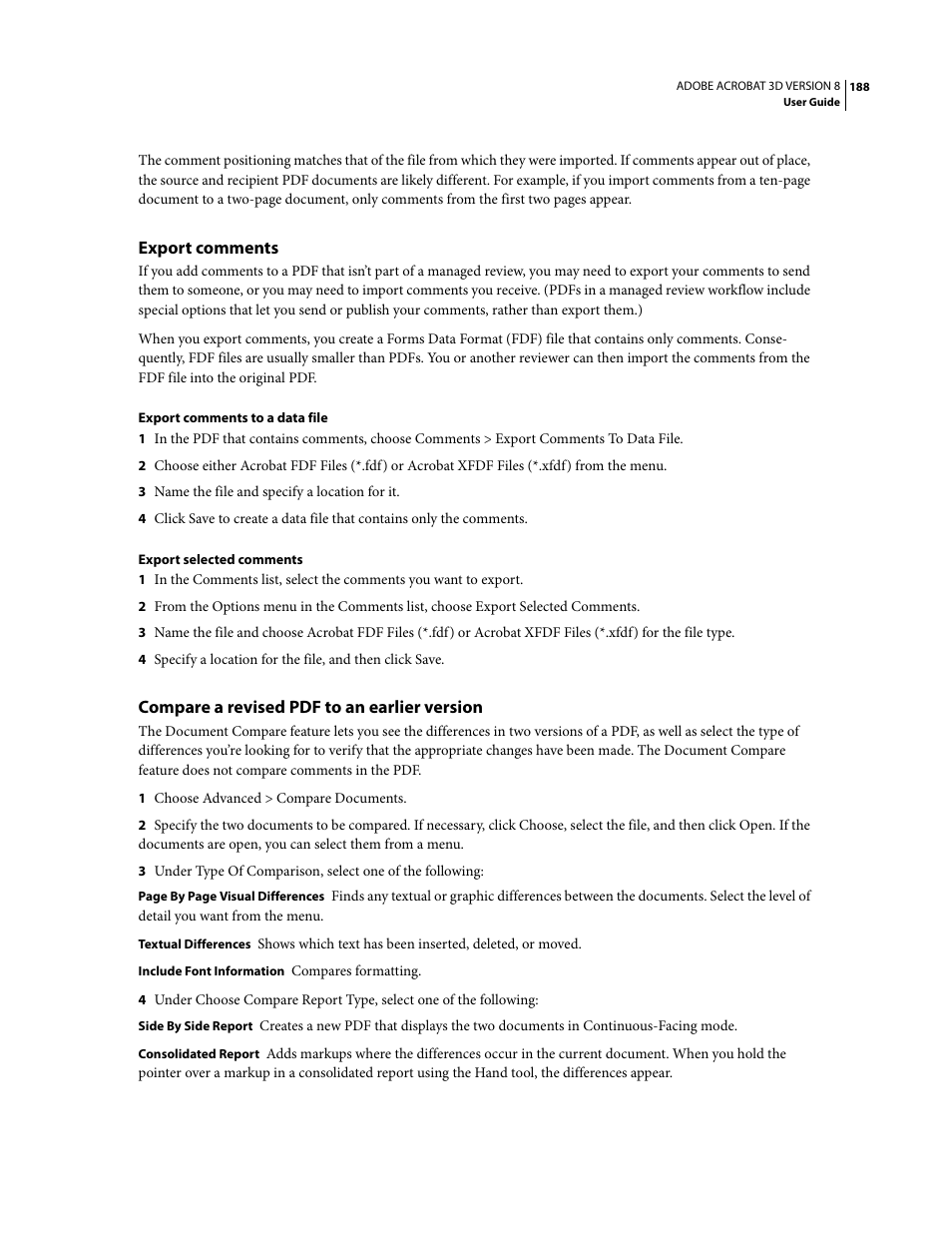 Export comments, Compare a revised pdf to an earlier version | Adobe Acrobat 8 3D User Manual | Page 195 / 600