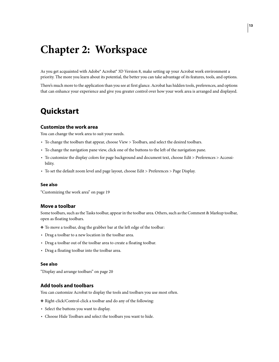 Chapter 2: workspace, Quickstart, Customize the work area | Move a toolbar, Add tools and toolbars | Adobe Acrobat 8 3D User Manual | Page 20 / 600