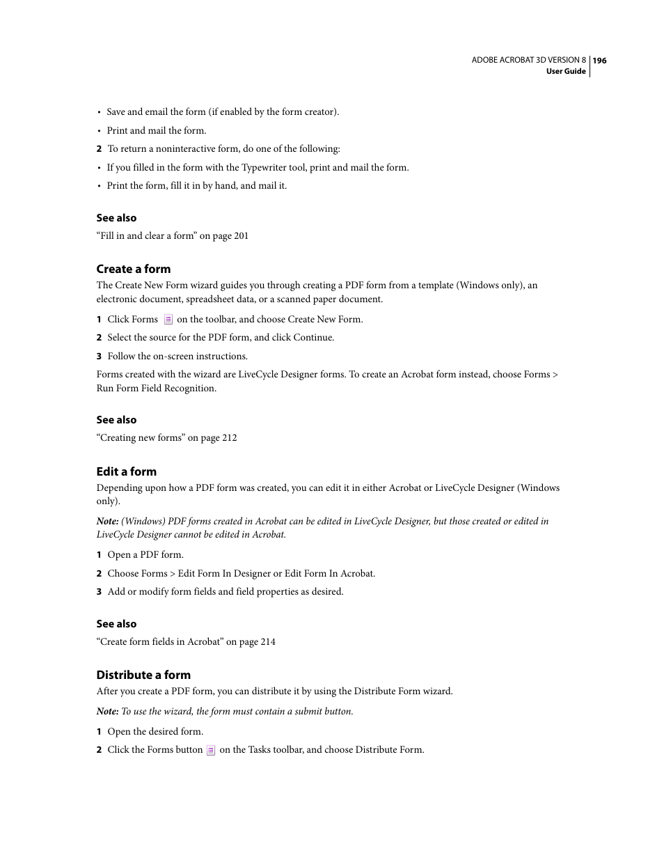 Create a form, Edit a form, Distribute a form | Adobe Acrobat 8 3D User Manual | Page 203 / 600