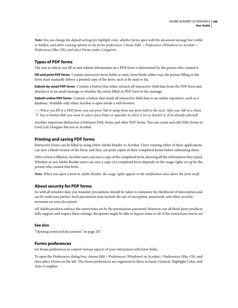 Types of pdf forms, Printing and saving pdf forms, About security for pdf forms | Forms preferences | Adobe Acrobat 8 3D User Manual | Page 206 / 600
