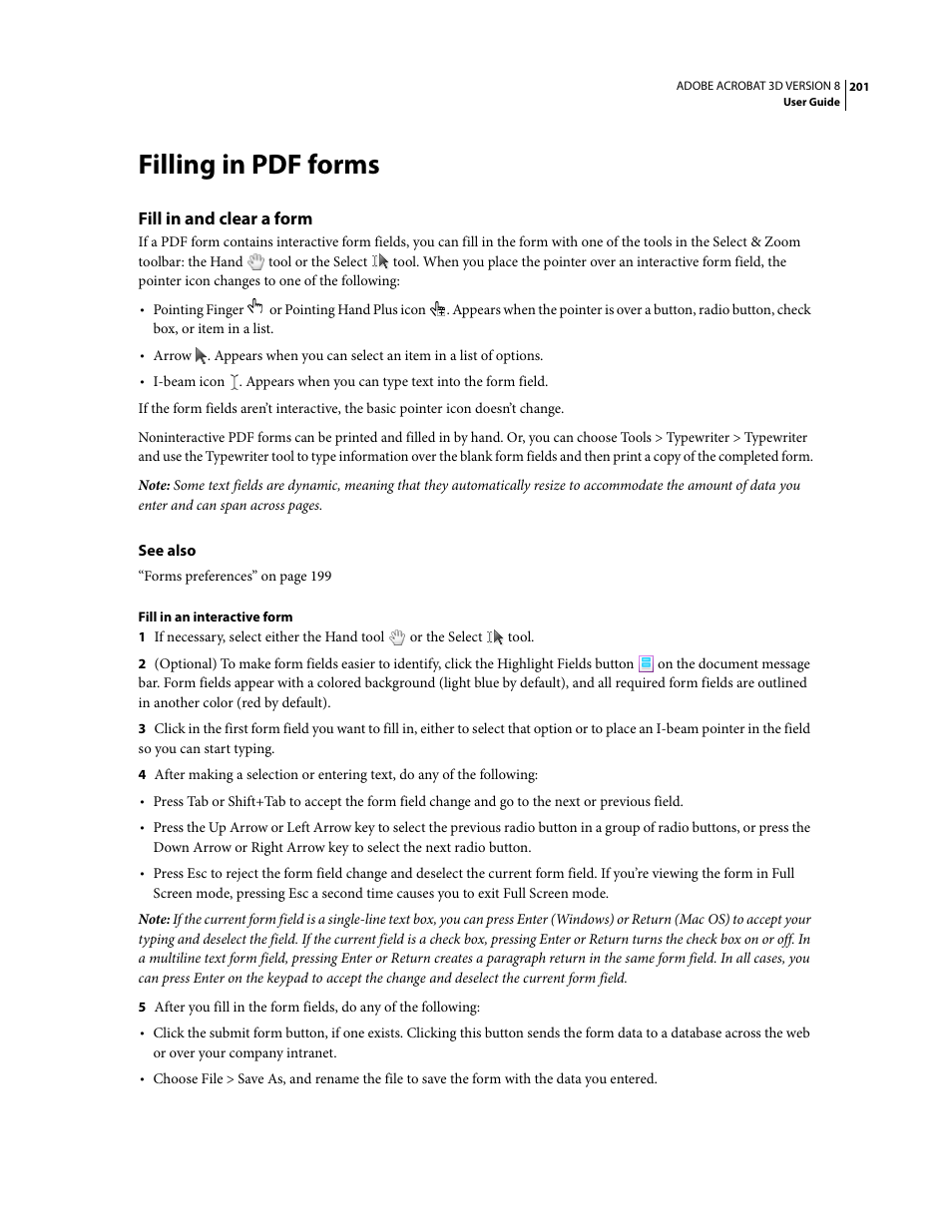 Filling in pdf forms, Fill in and clear a form | Adobe Acrobat 8 3D User Manual | Page 208 / 600