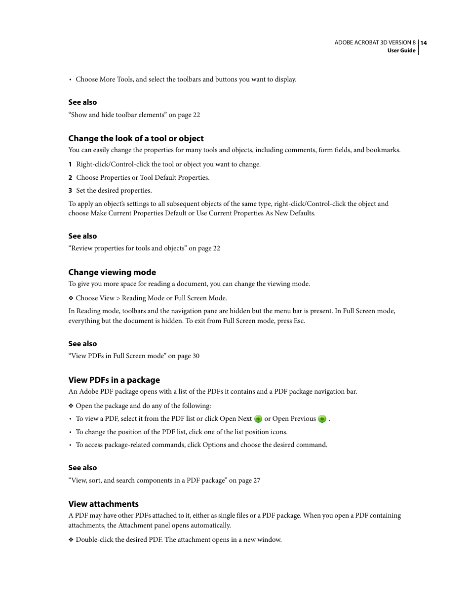 Change the look of a tool or object, Change viewing mode, View pdfs in a package | View attachments | Adobe Acrobat 8 3D User Manual | Page 21 / 600