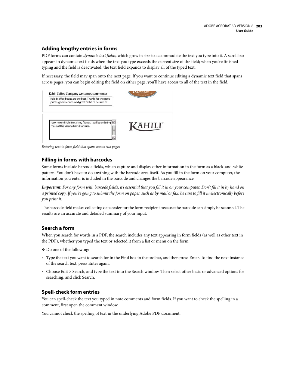 Adding lengthy entries in forms, Filling in forms with barcodes, Search a form | Spell-check form entries | Adobe Acrobat 8 3D User Manual | Page 210 / 600