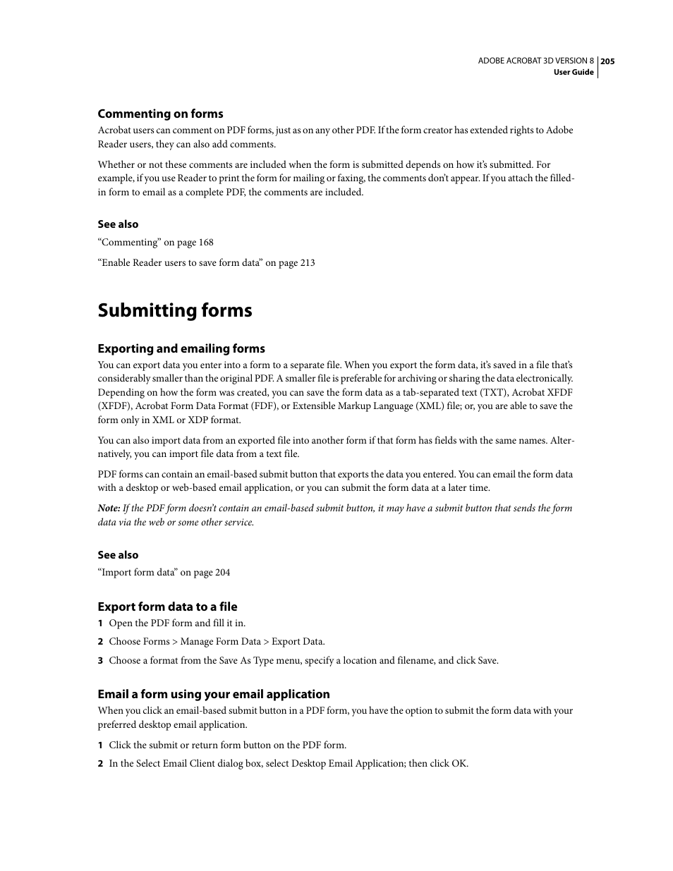 Commenting on forms, Submitting forms, Exporting and emailing forms | Export form data to a file, Email a form using your email application | Adobe Acrobat 8 3D User Manual | Page 212 / 600