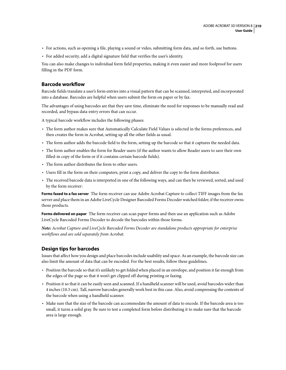 Barcode workflow, Design tips for barcodes | Adobe Acrobat 8 3D User Manual | Page 217 / 600